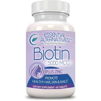 A Bottle of Biotin plus Zinc as a dietary supplement to promote healthy hair, skin and nails.